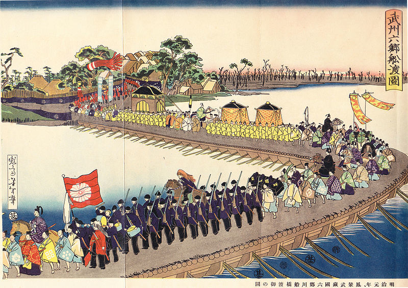 明治元年（1868年）武州六郷船渡図月岡芳年画