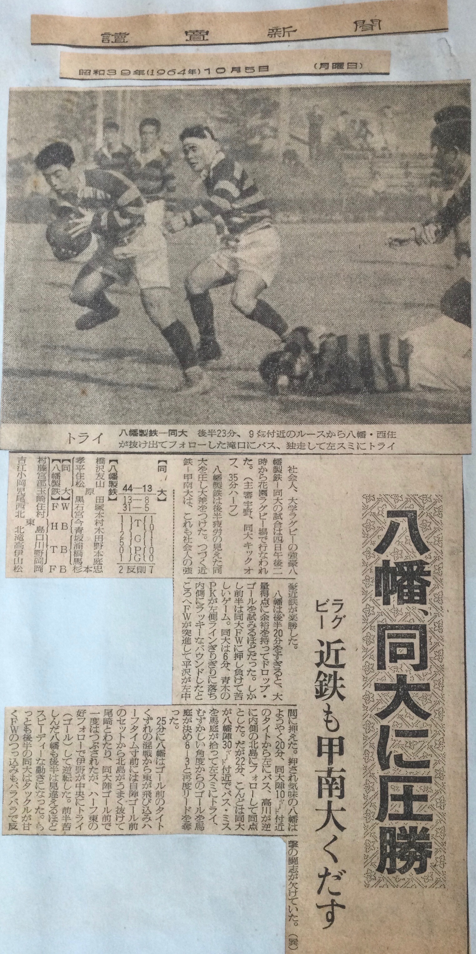 大学1年　1964年　社会人No1八幡製鉄戦　左センターで坂田さん（国際ラグビー、殿堂入り）とコンビを組む